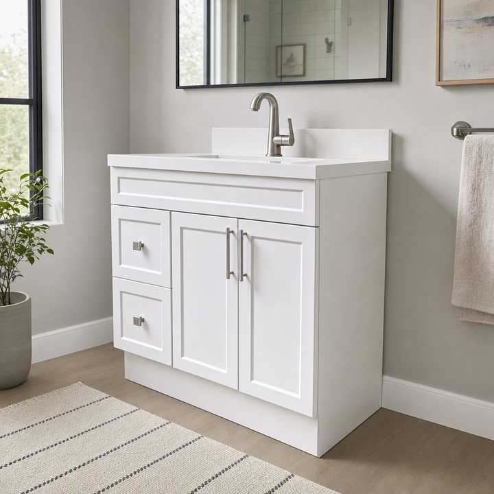 Tesoro 36-inch white Shaker solid wood bathroom vanity with brushed nickel handles in a renovated bathroom