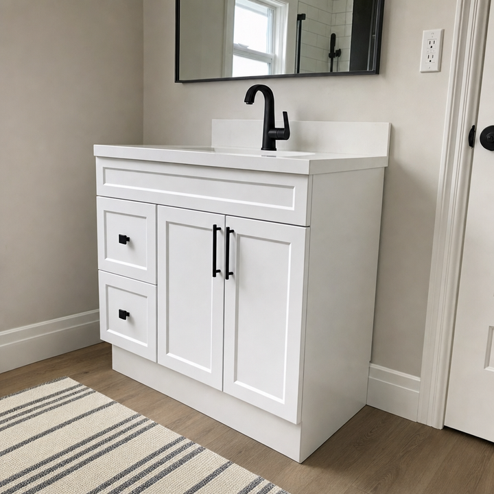 Tesoro 36-inch white Shaker solid wood bathroom vanity with matte black handles in a bright bathroom