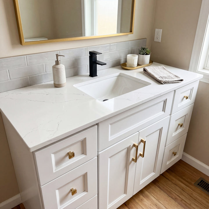 Tesoro 48" White Shaker vanity in a softly-lit Canadian powder room