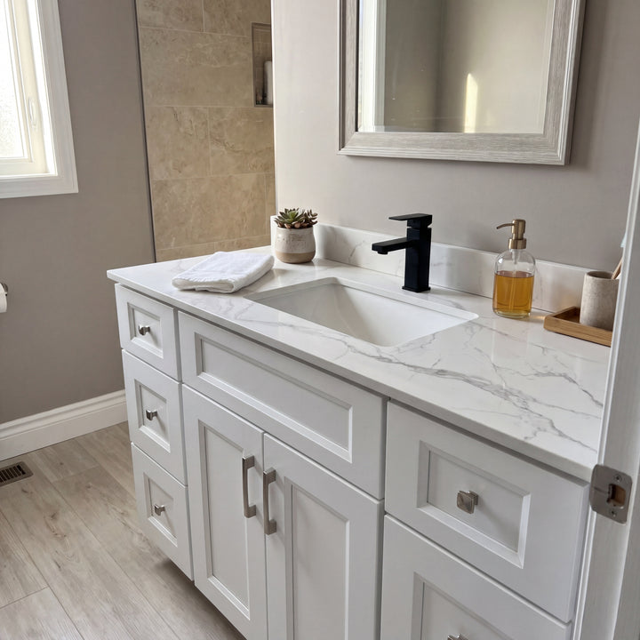 Tesoro 48" White Shaker vanity countertop detail in a Canadian home