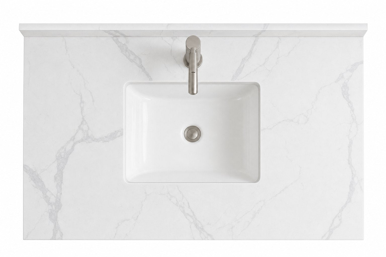 Bridgeport 30 inch 2 cm Carrara-look quartz countertop, top-down view with a ceramic undermount sink