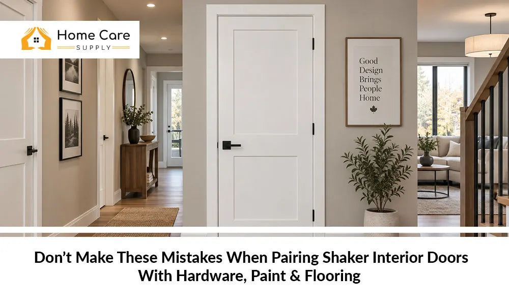 Shaker interior door with matching flooring, trim, paint, and hardware finishes