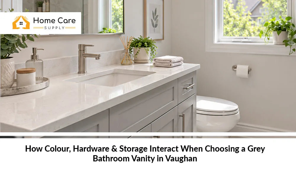 Grey vanity in a small bathroom in Vaughan