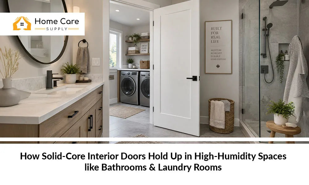 Solid-core interior door designed for bathrooms and laundry rooms in humid spaces