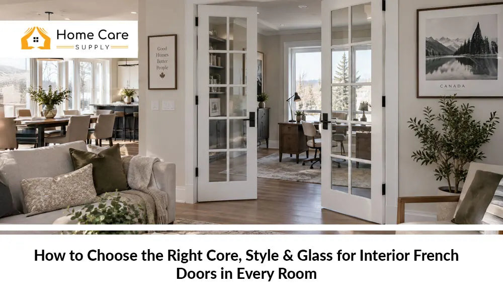 Interior French doors with glass panels adding style and natural light to a Canadian home
