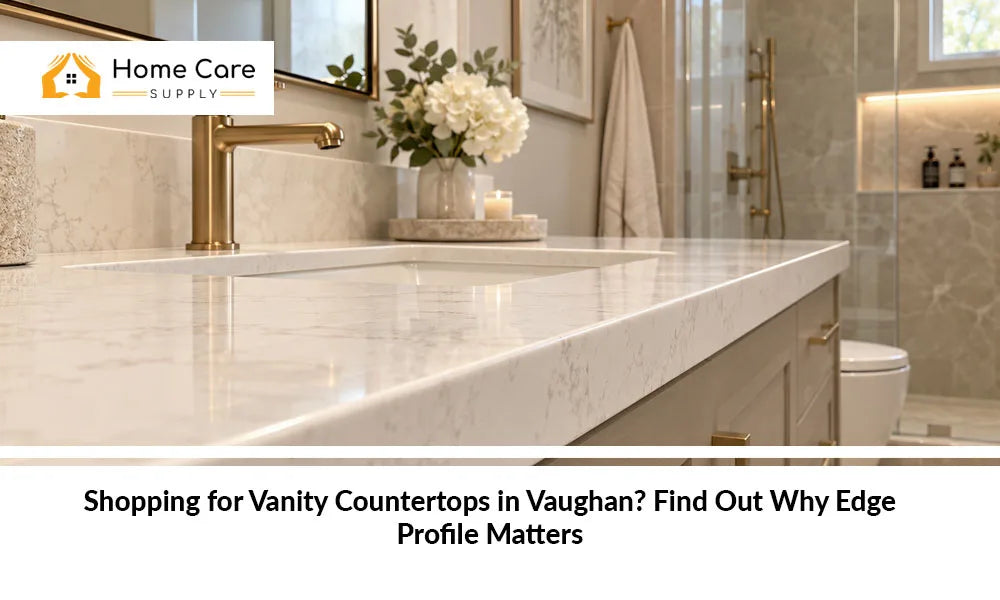 Quartz vanity countertop with a shaped edge profile in a Vaughan bathroom