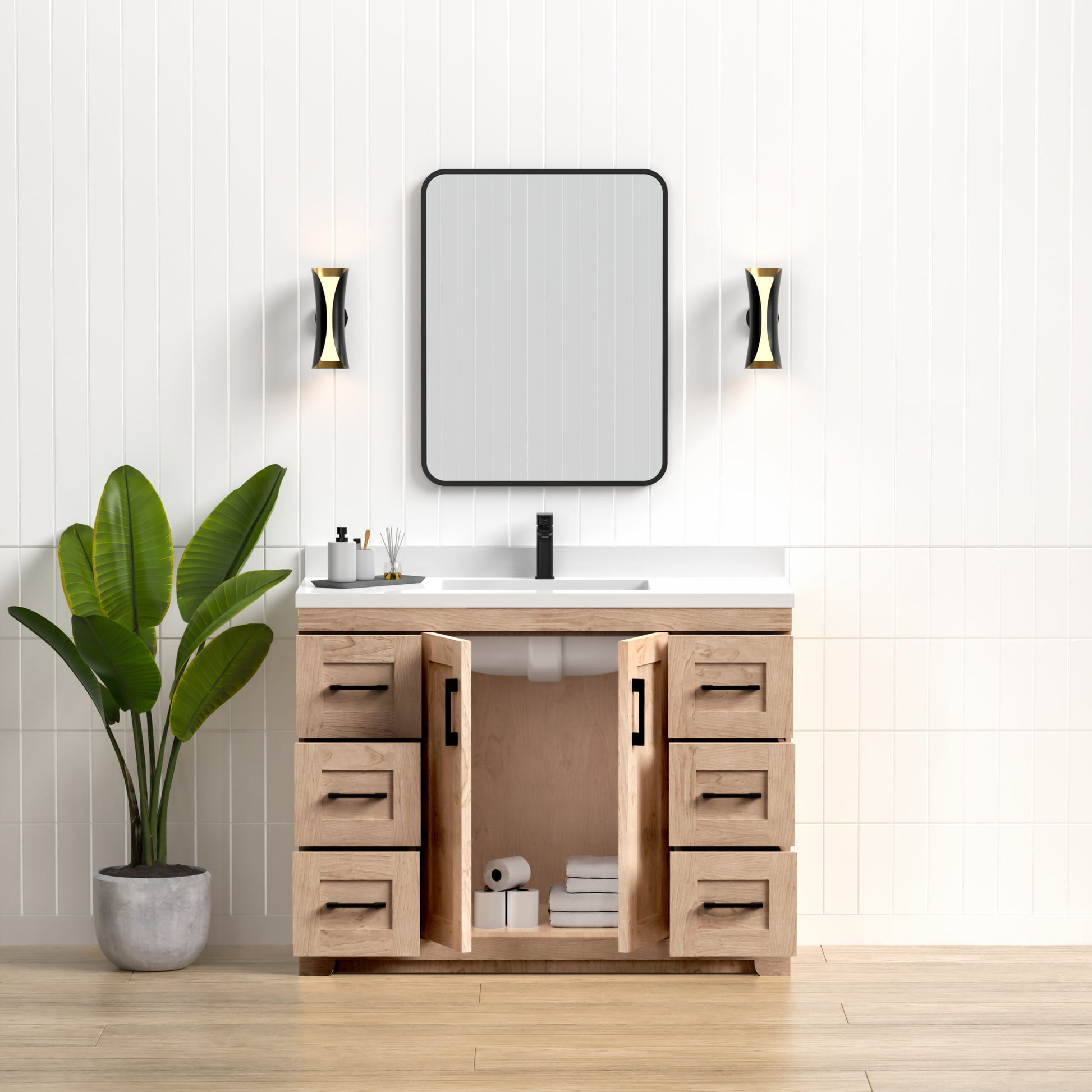 Bridgeport 48" Single Sink Solid-Wood Vanity with Quartz Countertop (6 Drawers Only)-MAPLE