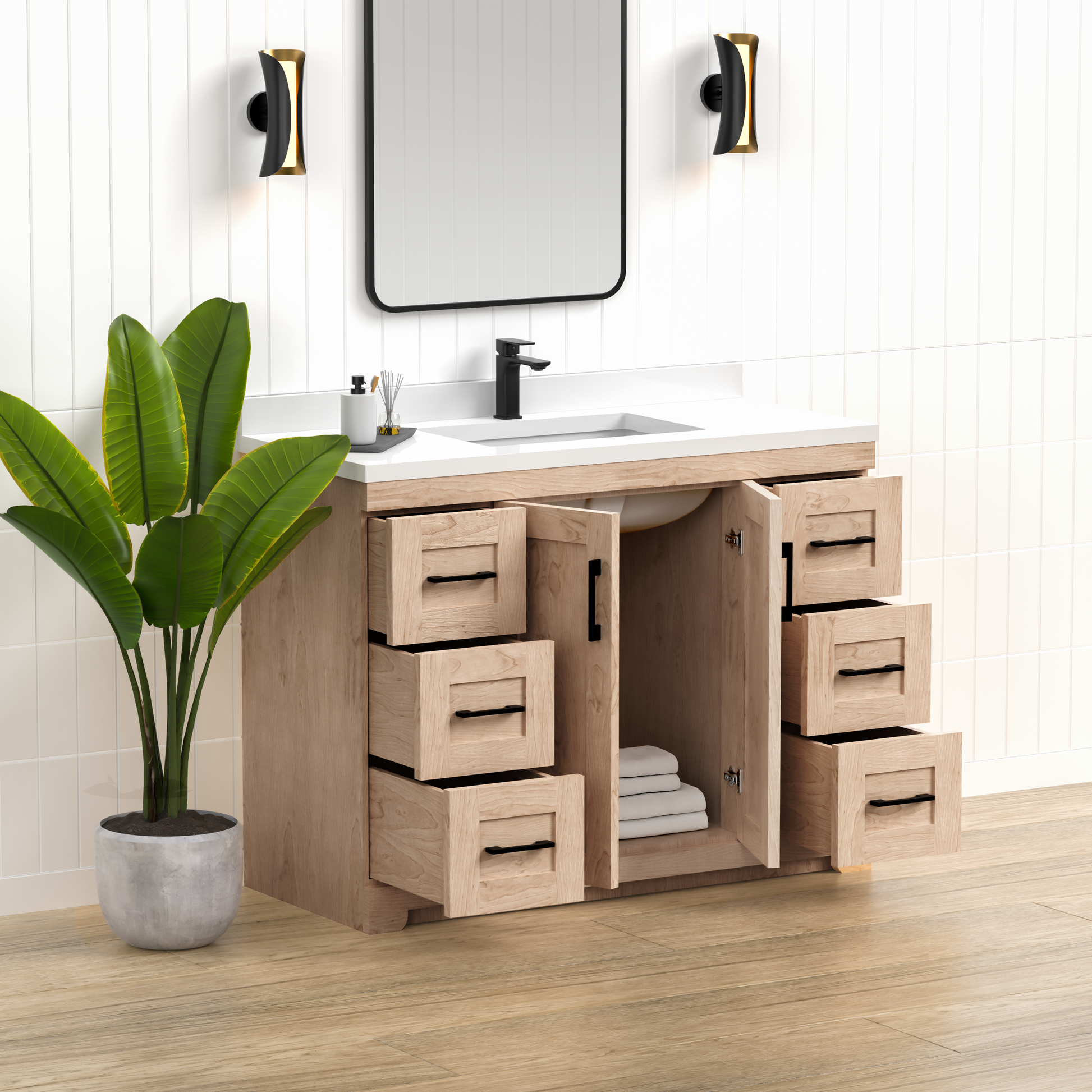 Bridgeport 48" Single Sink Solid-Wood Vanity with Quartz Countertop (6 Drawers Only)-MAPLE