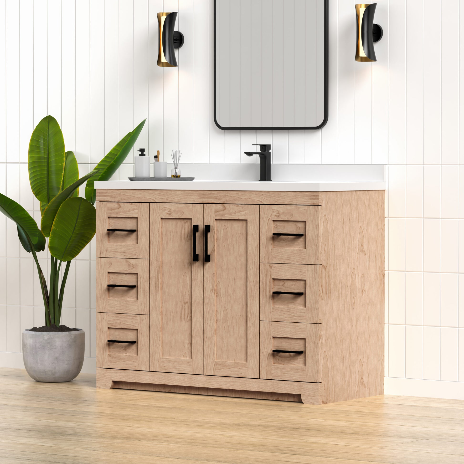 Bridgeport 48" Single Sink Solid-Wood Vanity with Quartz Countertop (6 Drawers Only)-MAPLE