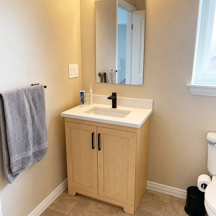 24" Bridgeport solid maple Shaker bathroom vanity installed in a real Canadian home