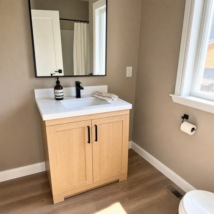 24" Bridgeport solid maple Shaker bathroom vanity installed in a real Canadian home