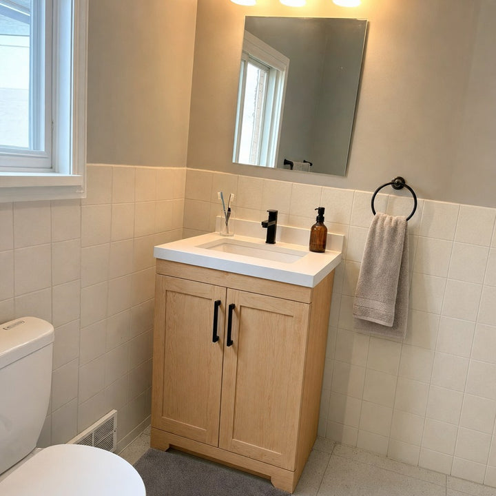 24" Bridgeport solid maple Shaker bathroom vanity installed in a real Canadian home