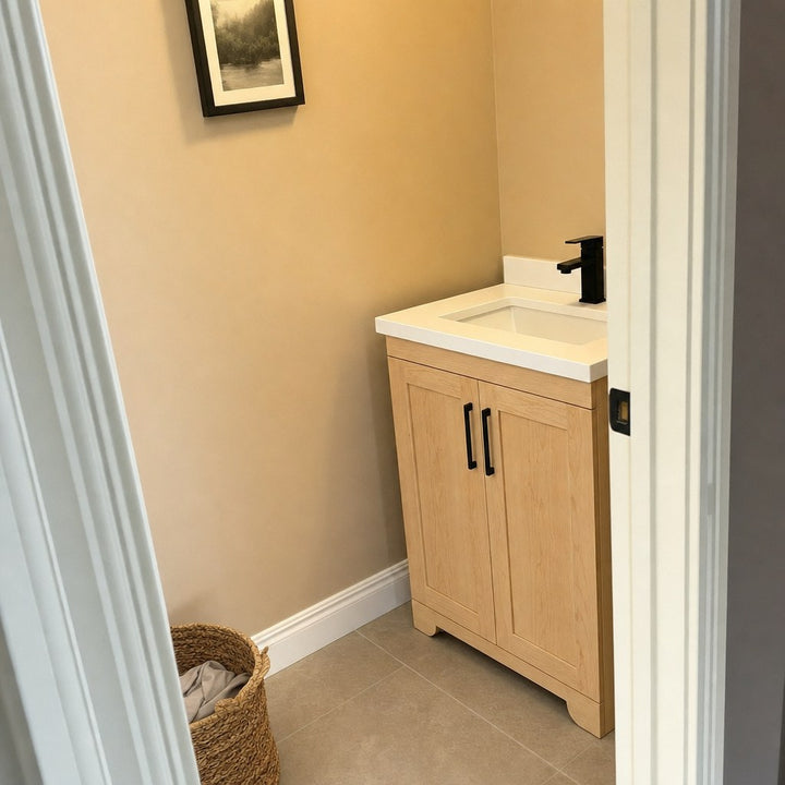 24" Bridgeport solid maple Shaker bathroom vanity installed in a real Canadian home