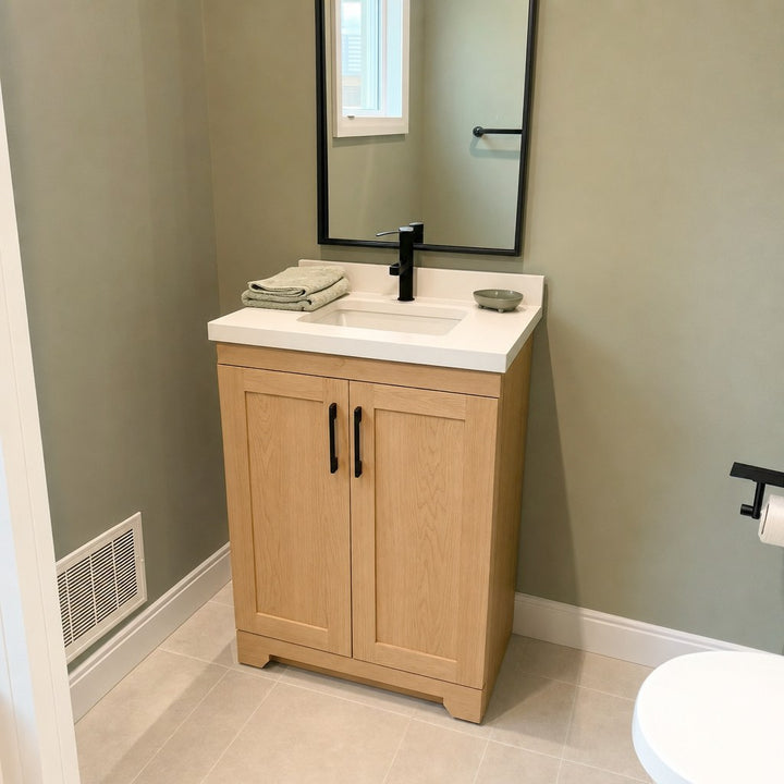 24" Bridgeport solid maple Shaker bathroom vanity installed in a real Canadian home