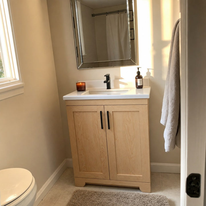 24" Bridgeport solid maple Shaker bathroom vanity installed in a real Canadian home