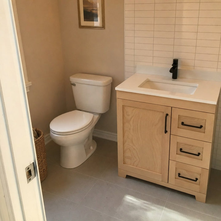 30" Bridgeport solid maple Shaker bathroom vanity installed in a real Canadian home