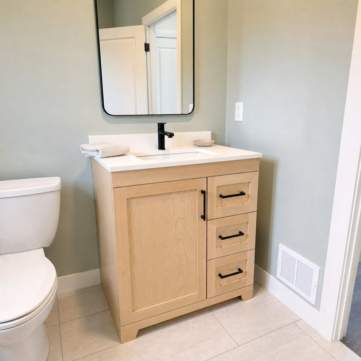 30" Bridgeport solid maple Shaker bathroom vanity installed in a real Canadian home