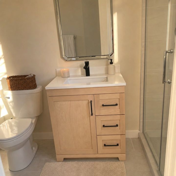 30" Bridgeport solid maple Shaker bathroom vanity installed in a real Canadian home