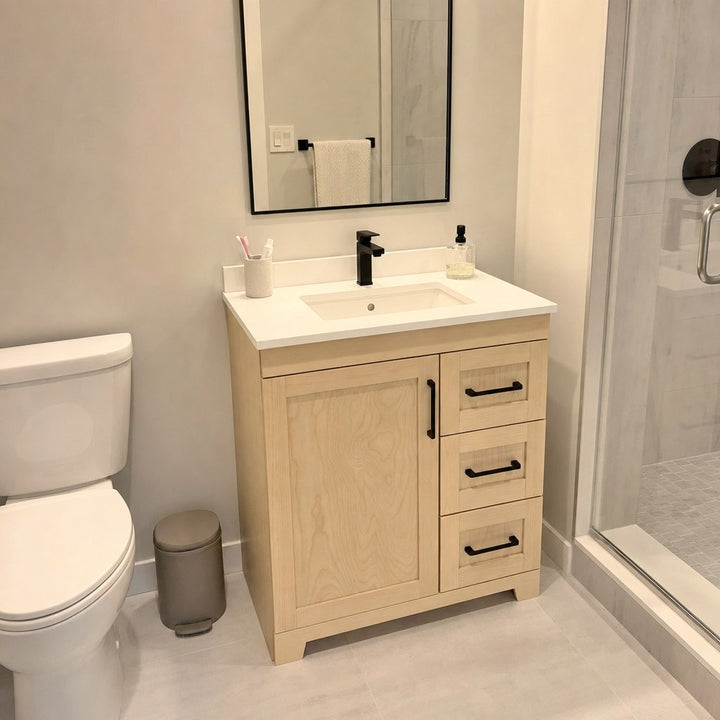 30" Bridgeport solid maple Shaker bathroom vanity installed in a real Canadian home