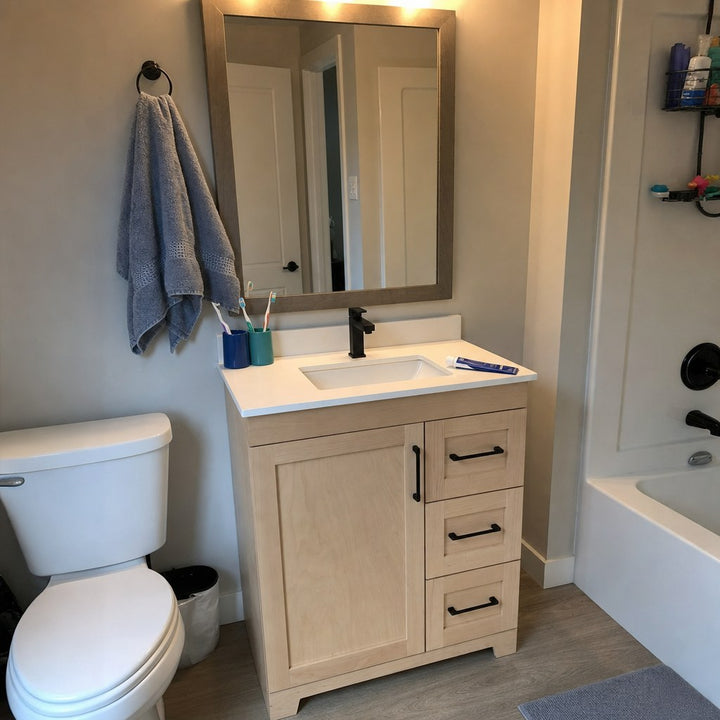 30" Bridgeport solid maple Shaker bathroom vanity installed in a real Canadian home