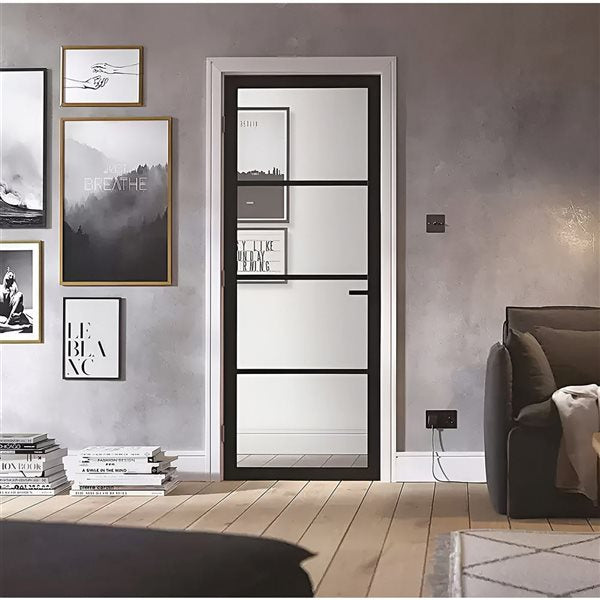 Garson SOHO 32-in x 80-in x 1 3/8-in Black Primed Glazed Clear Glass Industrial Style