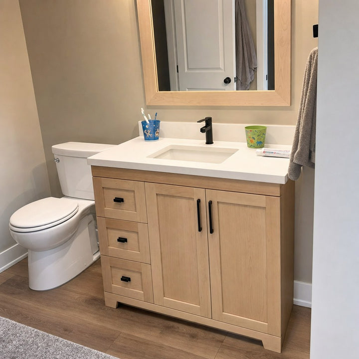 36" Bridgeport solid maple Shaker bathroom vanity installed in a real Canadian home