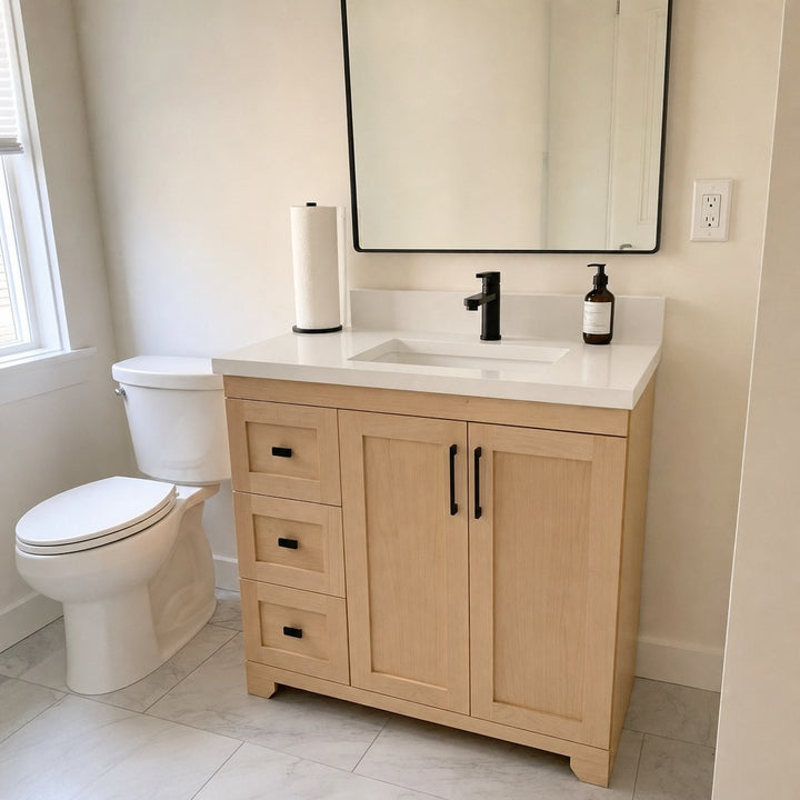 36" Bridgeport solid maple Shaker bathroom vanity installed in a real Canadian home