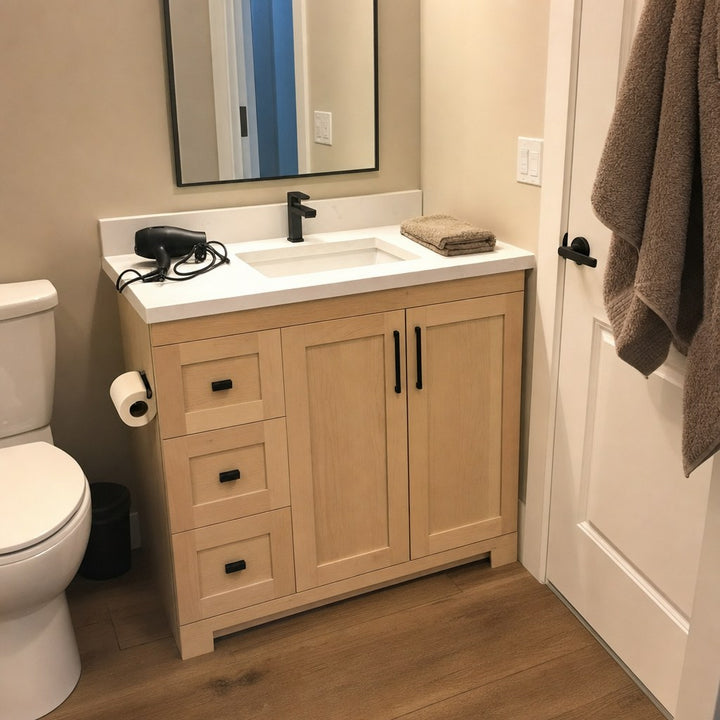 36" Bridgeport solid maple Shaker bathroom vanity installed in a real Canadian home