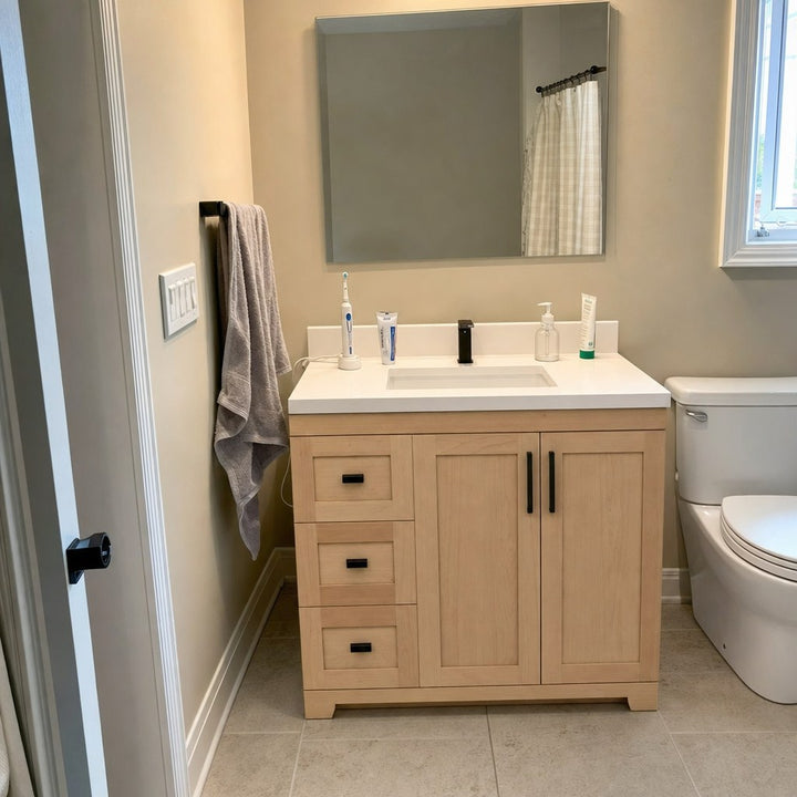 36" Bridgeport solid maple Shaker bathroom vanity installed in a real Canadian home