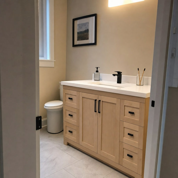 48" Bridgeport solid maple Shaker bathroom vanity installed in a real Canadian home