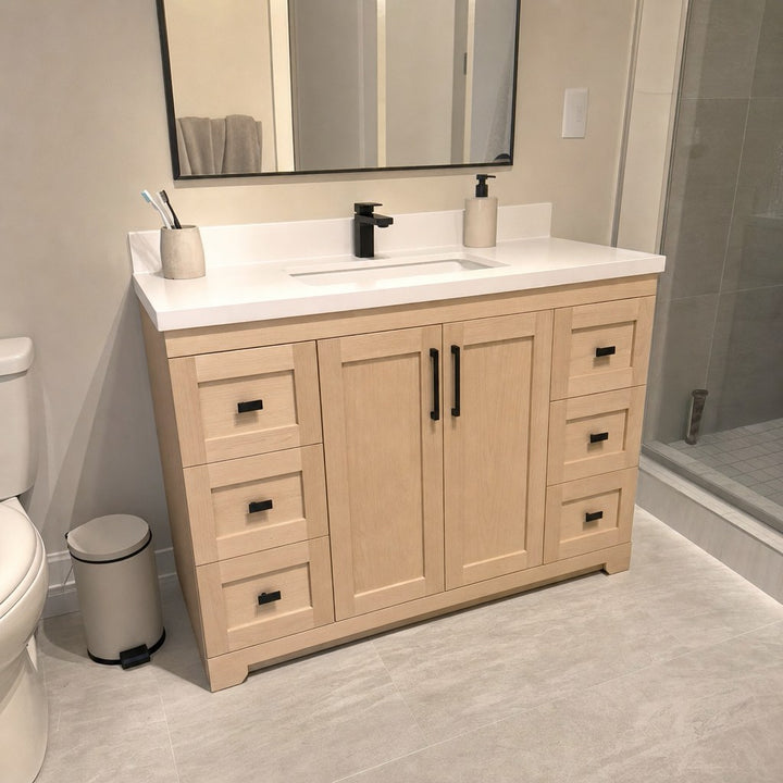 54" single-sink Bridgeport solid maple Shaker bathroom vanity installed in a real Canadian home