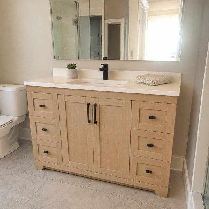 54" single-sink Bridgeport solid maple Shaker bathroom vanity installed in a real Canadian home