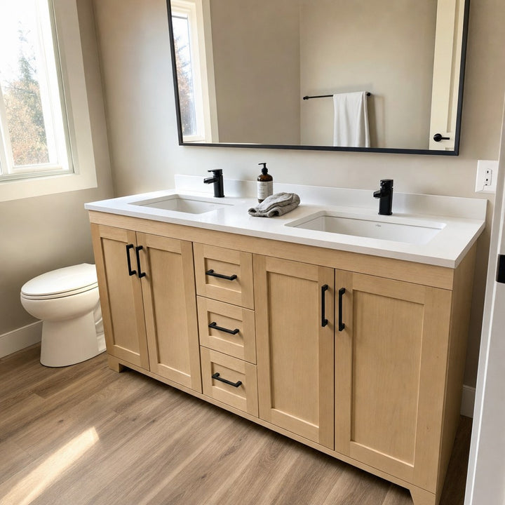 60" double-sink Bridgeport solid maple Shaker bathroom vanity installed in a real Canadian home