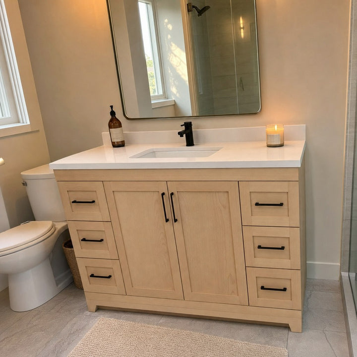 60" single-sink Bridgeport solid maple Shaker bathroom vanity installed in a real Canadian home