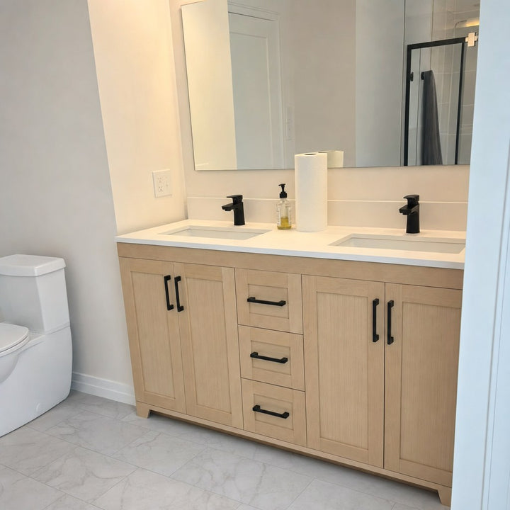 72" double-sink Bridgeport solid maple Shaker bathroom vanity installed in a real Canadian home