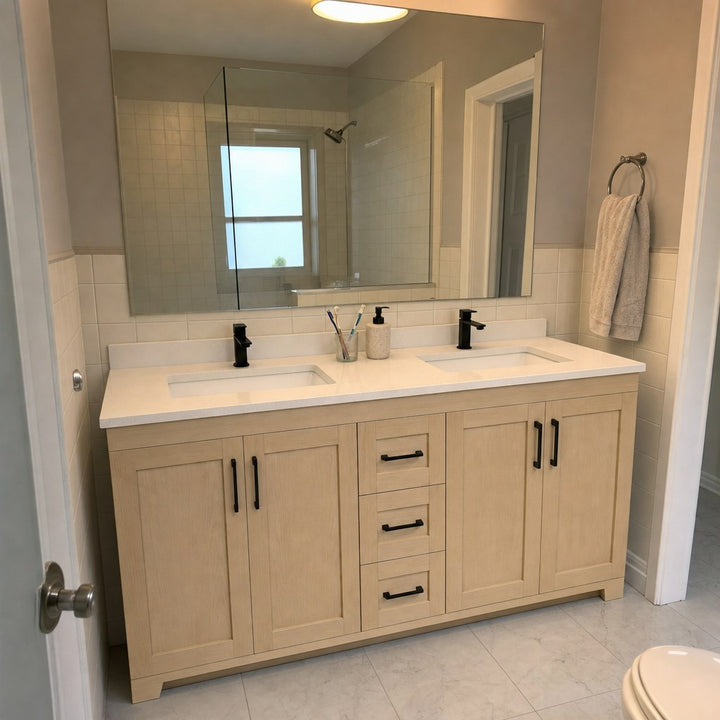 72" double-sink Bridgeport solid maple Shaker bathroom vanity installed in a real Canadian home