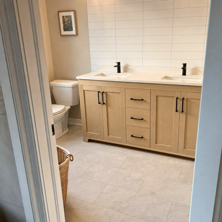 72" double-sink Bridgeport solid maple Shaker bathroom vanity installed in a real Canadian home