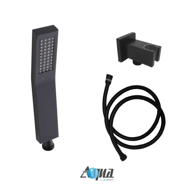 Aqua Piazza Matte Black Shower Set with 8″ Ceiling Mount Square Rain Shower, Handheld and Tub Filler