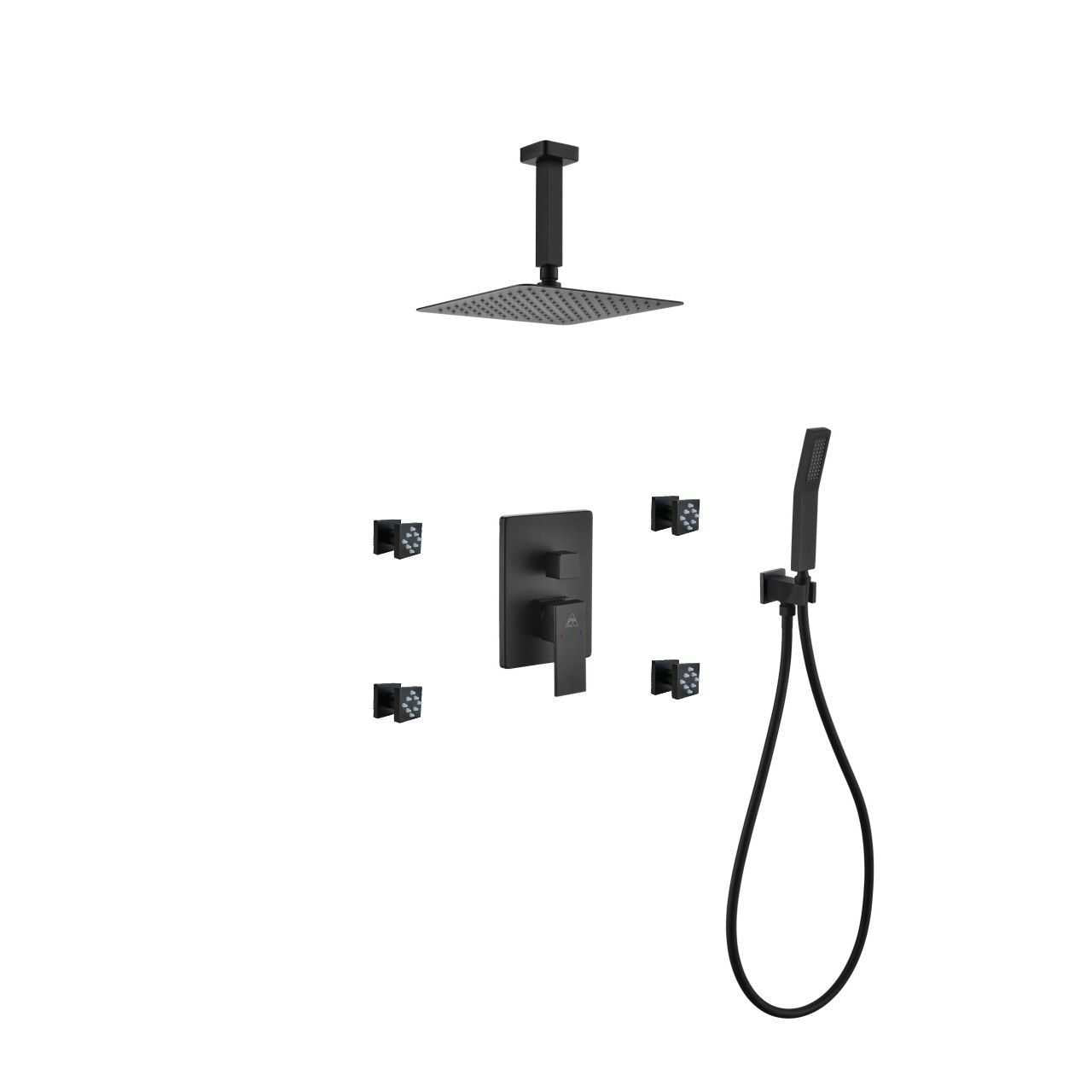 Aqua Piazza Matte Black Shower Set with 8″ Ceiling Mount Square Rain Shower, Handheld and 4 Body Jets