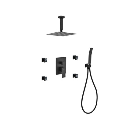 Aqua Piazza Matte Black Shower Set with 8″ Ceiling Mount Square Rain Shower, Handheld and 4 Body Jets