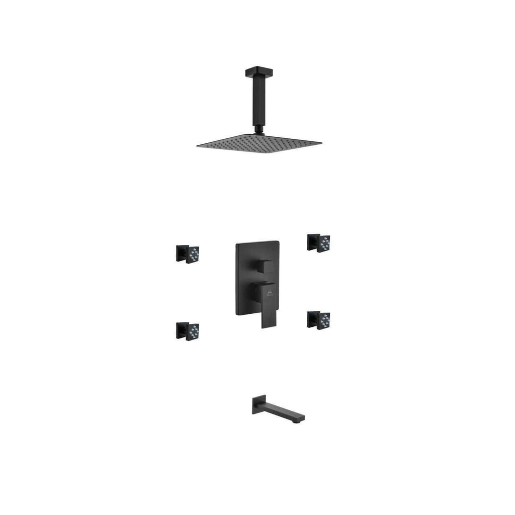 Aqua Piazza Matte Black Shower Set with 8″ Ceiling Mount Square Rain Shower, Tub Filler and 4 Body Jets