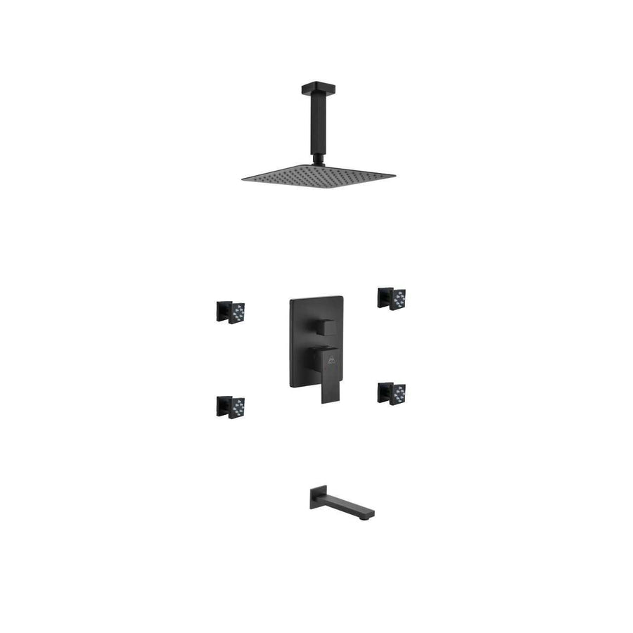 Aqua Piazza Matte Black Shower Set with 8″ Ceiling Mount Square Rain Shower, Tub Filler and 4 Body Jets