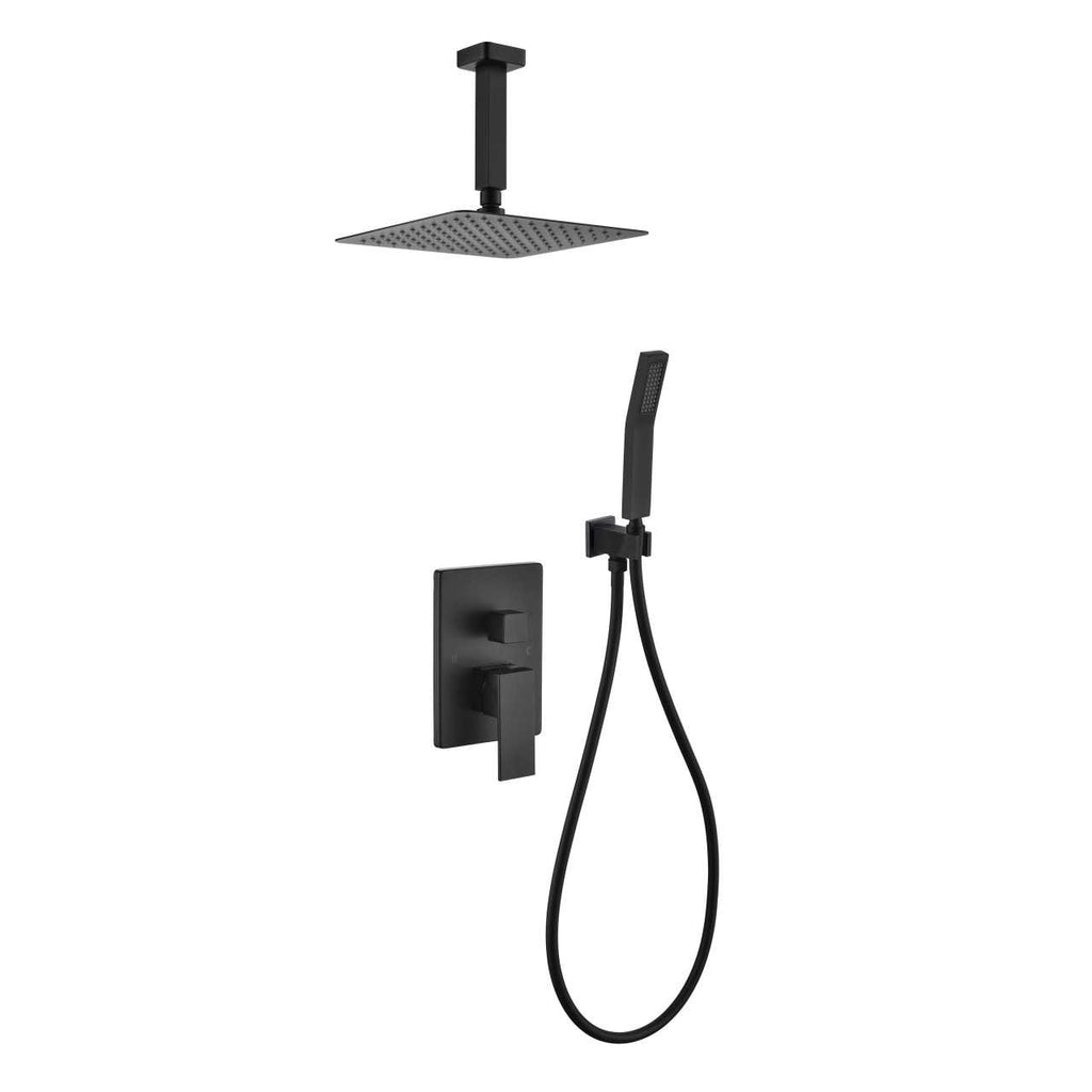 Aqua Piazza Matte Black Shower Set with 12″ Ceiling Mount Square Rain Shower and Handheld