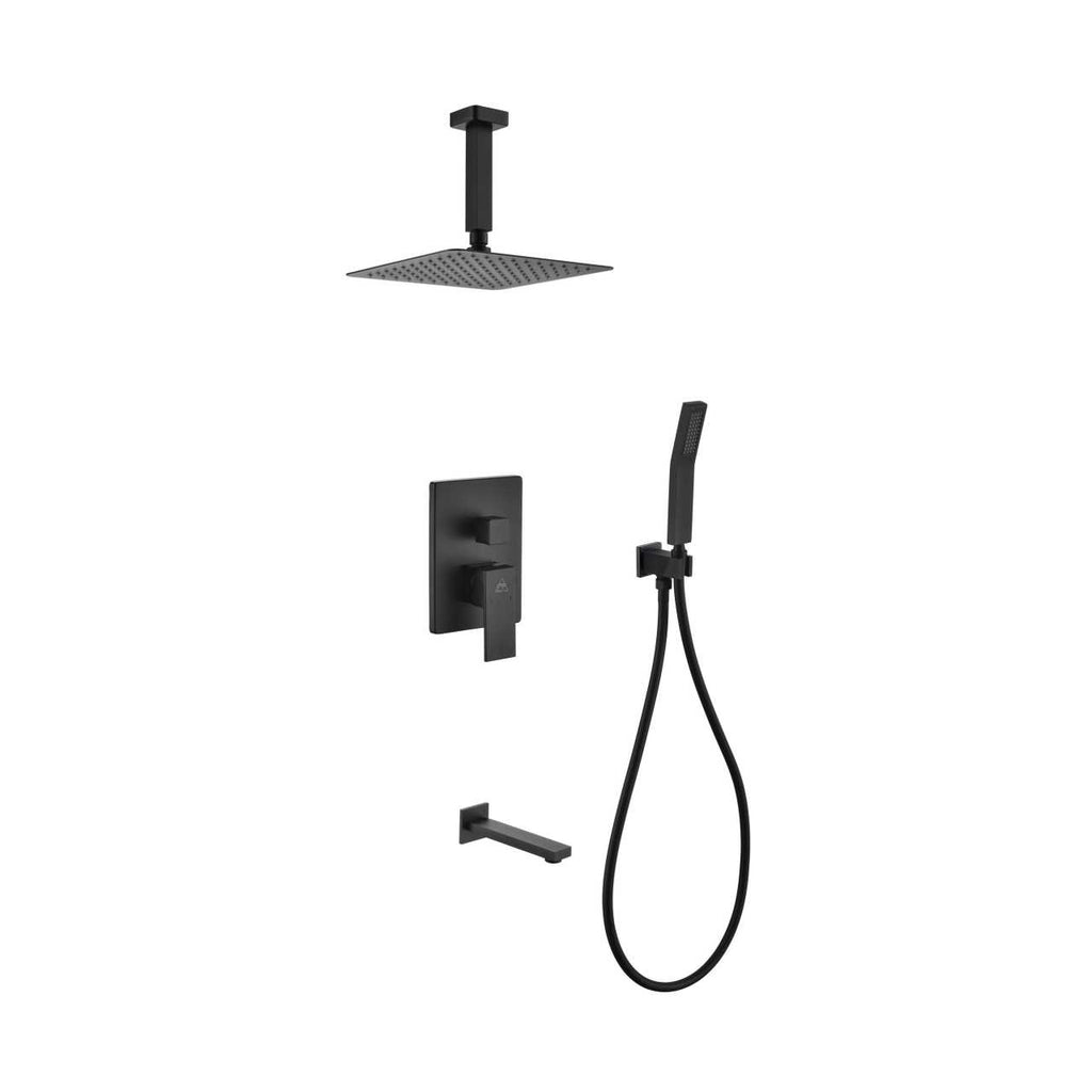 Aqua Piazza Matte Black Shower Set with 8″ Ceiling Mount Square Rain Shower, Handheld and Tub Filler