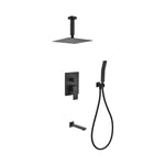 Aqua Piazza Matte Black Shower Set with 8″ Ceiling Mount Square Rain Shower, Handheld and Tub Filler