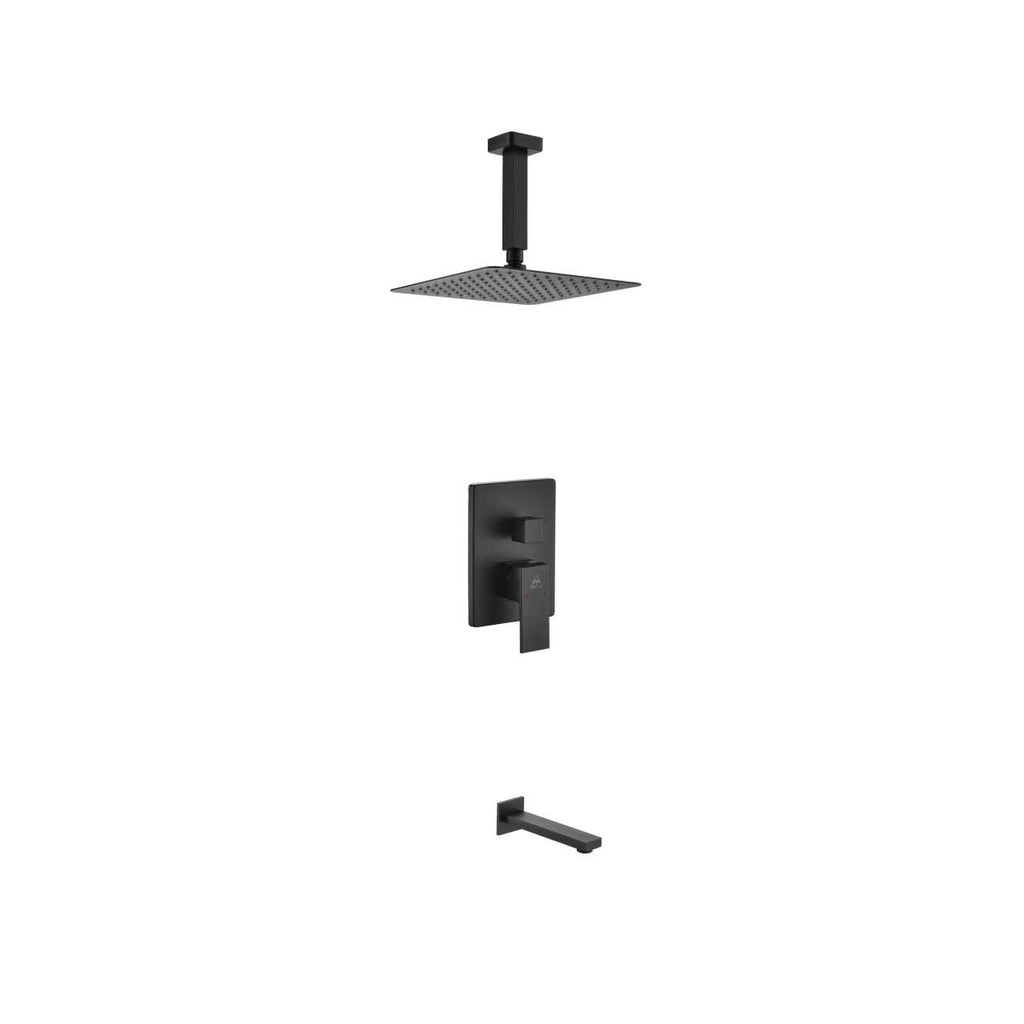 Aqua Piazza Matte Black Shower Set with 8″ Ceiling Mount Square Rain Shower and Tub Filler