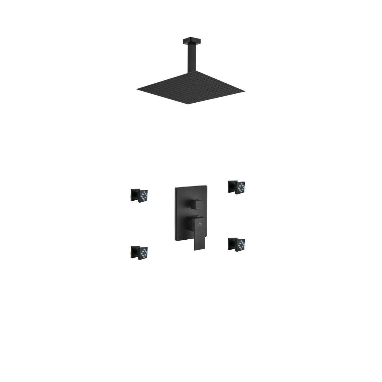 Aqua Piazza Matte Black Shower Set with 12ā³ Ceiling Mount Square Rain Shower and 4 Body Jets
