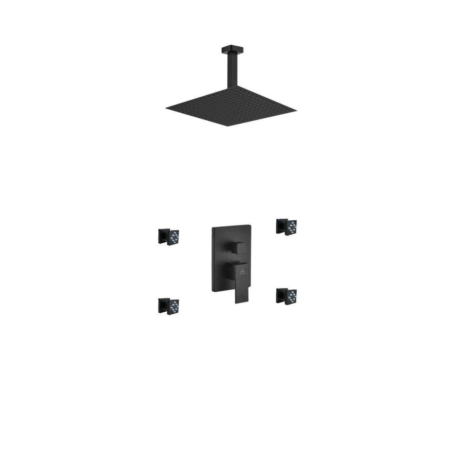 Aqua Piazza Matte Black Shower Set with 8″ Ceiling Mount Square Rain Shower and 4 Body Jets