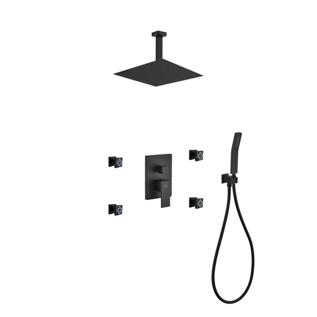 Aqua Piazza Matte Black Shower Set with 12″ Ceiling Mount Square Rain Shower, 4 Body Jets and Handheld