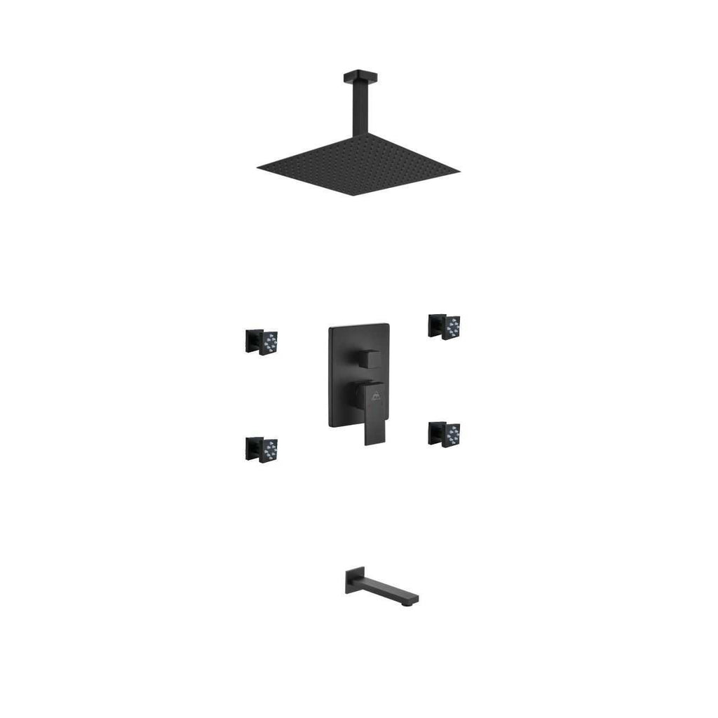 Aqua Piazza Matte Black Shower Set with 12″ Ceiling Mount Square Rain Shower, Tub Filler and 4 Body Jets